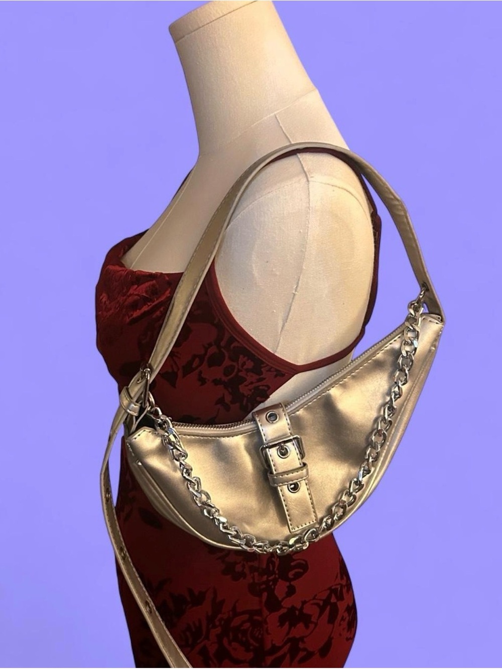 Y2K Silver Metallic Crescent Mini Shoulder Bag